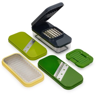 Joseph Joseph Multi-Prep Compact 4-in-1 Multifunktionsset, Gemüsehobel, Zwiebelschneider, Pommesschneider, Käsereibe, Madonline, Julienne-Schneider mit Behälter