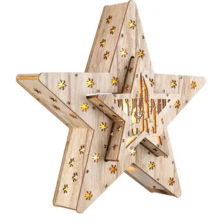 LED Holz Stern 2er Set - 33cm - Weihnachtsstern mit 16 LED warm weiß - Tisch Fenster Weihnachts Deko Batterie betrieben