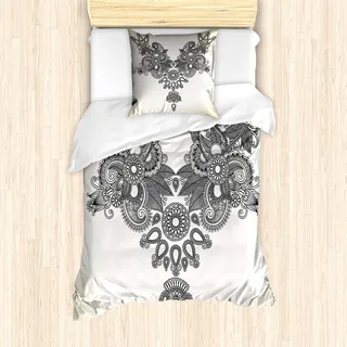 ABAKUHAUS Henna Bettbezug Set für Einzelbetten, Fernöstliche Vintage Art, Milbensicher Allergiker geeignet mit Kissenbezug, Schwarz Creme