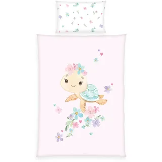 Herding babybest Little Turtle Bettwäsche, Kopfkissenbezug 40 x 60 cm mit Hoteleinschlag, Bettbezug 100 x 135 cm, Mit Reißverschluss, 100% Baumwolle/Renforcé, Weiß/Rosa, Twin