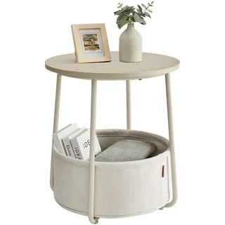 VASAGLE Beistelltisch rund, Kleiner Tisch, Couchtisch klein, Wohnzimmertisch, Korb aus Stoff, Stauraum für Wohnzimmer Schlafzimmer, Nachttisch modern, naturbeige-cremeweiß LET223K67
