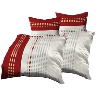 Gerald Wittmann 4teilig Bettwäsche-Set 2X 140x200 cm + 2X 70x90 cm, Baumwolle Seersucker, Gepunktet Streifen Rot Gelb Weiß