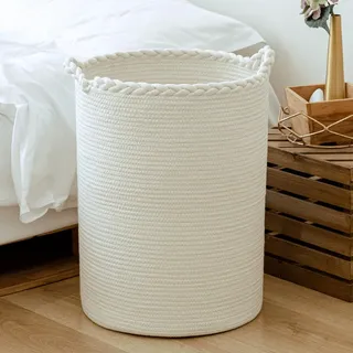 Homlikelan 72 l gewebter Wäschekorb, Baumwolle, hoher Weidenkorb für Decken, Kleidung, Kissen, Spielzeug, Schuhe, großer Wäschekorb, weiß