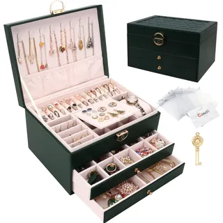 Schmuckkasten, Schmuckkästchen mit 3 Ebenen mit Schubladen, PU-Leder Schmuckbox Schmuckschatulle Groß Schmuck Organizer für Ringe Ohrringe Armbänder Halsketten, Dunkelgrün