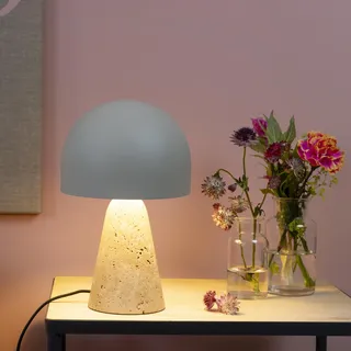 Lightbox Pilz-Tischlampe - Tischleuchte mit Sockel aus Travertin-Stein - Lampe für Wohnzimmer, Schlafzimmer & Fensterbank - exkl. E14 LED