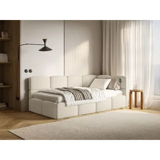 Selsey Jugendbett 90x200 cm Rechts Polsterbett mit Stauraum Gepolstetes Kopfteil Stabiler Rahmen aus Kiefer und Fichte Hochwertiger Bezug in Hellbeige Für Kinderzimmer