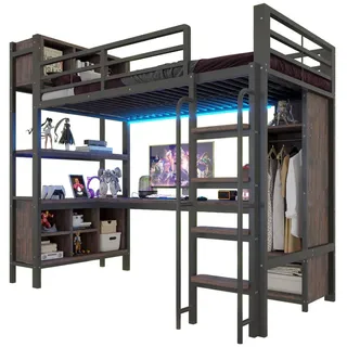 Flieks Hochbett 90x200cm Gaming Schreibtisch Schrank LED Schwarz , Metall , 90x200 cm , Babymöbel & Kindermöbel, Kinderzimmer & Jugendzimmer, Kinderbetten, Hochbetten