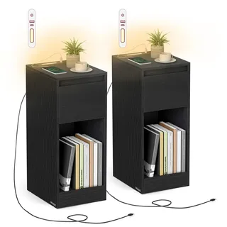 VASAGLE Nachttisch, schmal, Beistelltisch, LED-Beleuchtung, Schublade | 1 USB-A-Anschluss, 1 USB-C-Anschluss, offenes Fach, Ebenholzschwarz, KAILYN Kollektion LET710B01