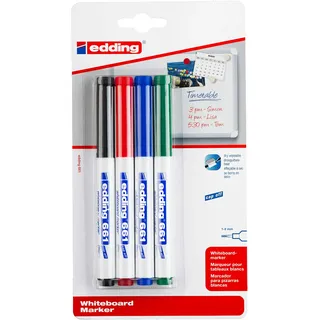 edding 661 Whiteboard-Marker, Mehrfarbig, 4 Stifte, Rundspitze 1-2 mm, abwischbarer Filzstift, für Whiteboards, magnetisch, Memo, Sketchnotes