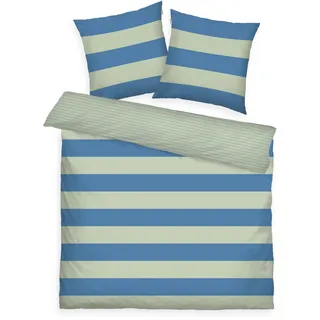 TOM TAILOR Renforcé-Bettwäsche, 2*80x80 cm + 200x220 cm, 100% Baumwolle/ Renforcé, mit Wendemotiv und farbigem Reißverschluss, BOLD STRIPES Grün, Blau (Green Leaf & Cool Blue)