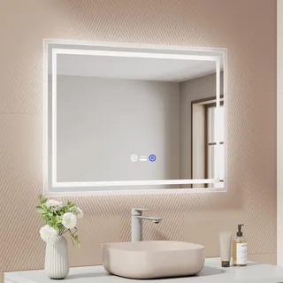 EMKE Badezimmerspiegel mit Beleuchtung, 70 x 50 cm, LED-Spiegel mit Bewegungssensor, beschlagfrei, 3 Lichtfarben dimmbar, automatische Abschaltung nach 1 Stunde, IP44, Badezimmerspiegel