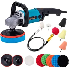 KATSU Auto Poliermaschine 1200W 150mm 180mm Elektrische Puffer Polieren Schleifen Wachsmaschine, Mit 16 Stück Zubehör, 6 Variable Geschwindigkeiten, Auto Detailing Kit 101327E