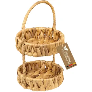 HMF Etagere 2-stöckig aus Wasserhyazinthe mit Henkel, handgeflochtene Aufbewahrungskörbe rund, Boho Deko Organizer für Bad, Küche, Flur & Wohnbereich 30 x 17 x 17 cm | Natur