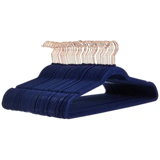 Amazon Basics Kleiderbügel für Anzüge, Samt, schmal, rutschfest, Rotgold, 50 Stück, 1Yer-Pack, Marineblau, Gold