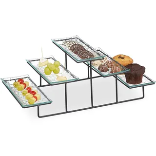 Relaxdays Servierständer, 3-stöckige Etagere, 5 Servierteller aus Glas, Eisen, 17,5 x 46 x 24,5 cm, transparent/schwarz, 1 Stück