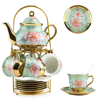 Hebaogugu 20Tlg Porzellan Tee Set mit Teekanne & Tasse, 700-ml-Teekannen-Set im Vintage-Stil mit Metallhaltern für den Nachmittagstee | Kaffee, ideale Geschenke für Teeliebhaber(Grüne)
