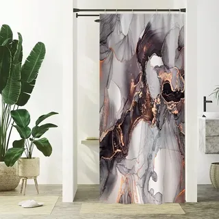 Uiiooazy Duschvorhang Schwarz Gold, Duschvorhang Schmal 90x180cm Anti Schimmel Marmor Optik Grau Braun Marmoriert Modern Duschvorhänge Stoff Waschbar Wasserdicht Polyester Bad Vorhang mit 6 Haken
