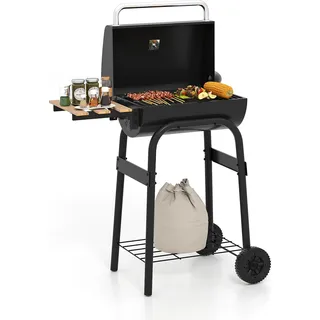 KOMFOTTEU Holzkohlegrill mit klappbaren Seitentischen & Rollen, Grillwagen integriertem Thermometer & Ablagefach, Rauchgrill Standgrill für outdoor - Schwarz