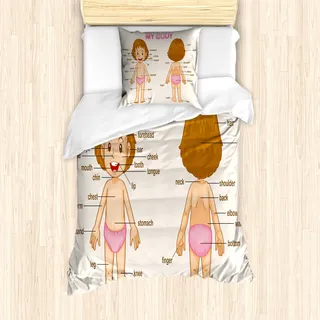 ABAKUHAUS Lehrreich Mantele, Karikatur-Kinder, Milbensicher Allergiker geeignet mit Kissenbezügen, 135 cm x 200 cm - 80 x 80 cm, Blassrosa Brown-Creme
