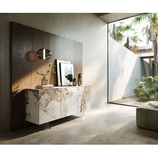DELIFE Sideboard Cuor 150 cm Keramik Minas Melange Weiß-Beige 3 Türen Fuß Schwebeoptik Acrylglas - Weiß, Beige
