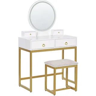 Beliani Schminktisch mit rundem LED-Spiegel Hocker 4 Schubladen weiß/gold Auxon , Weiß, Goldfarben, Beige , Holzwerkstoff , 80x132x40 cm , Schlafzimmer, Schminktische