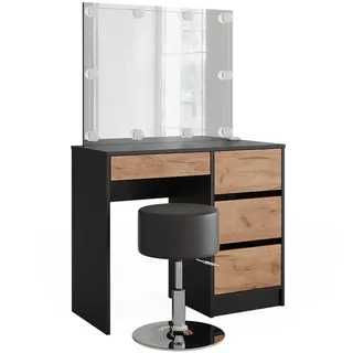 Vicco Schminktisch Sherry, 90 x 75 cm mit Spiegel, LED-Beleuchtung & Hocker, Anthrazit/Goldkraft Eiche - Grau