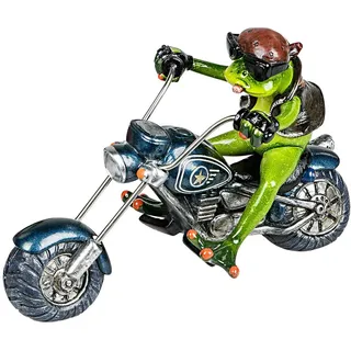 Formano Deko-Frosch 'Biker', Länge: 22 cm, aus Kunststein, Hellgrün-Grau, 1 Stück, von Hand Gefertigt und Bemalt