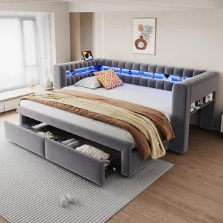 MODFU Tagesbett Schlafsofa 90x190 mit Ausziehbett 90x190cm, Moderner Polsterbett mit LED,USB und 2 Schubladen,Doppelbett mit großer Stauraum,ohne Matratze,Dunkelgrau - Grau