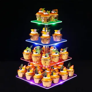 4 Etagen Cupcake Ständer, Ulifeme Wiederaufladbarer LED-Licht Quadrat Transparenter Dessert Tortenständer für Weihnachten, Hochzeiten, Jubiläen, Baby Duschen und Geburtstagsfeiern, 15/20/25/30cm Ebene