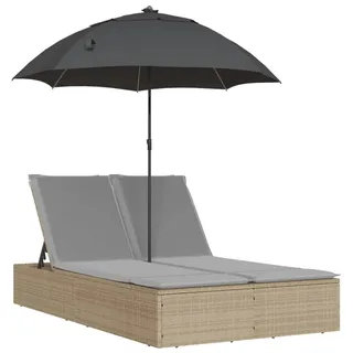 vidaXL Doppel-Sonnenliege mit Kissen & Sonnenschirm Beige Poly Rattan - Grau