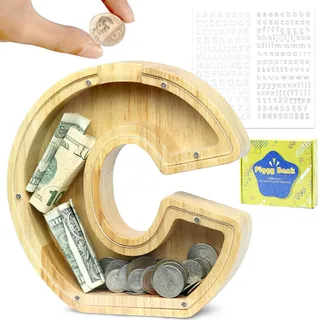 LEcylankEr Spardose Kinder Personalisierte A-Z Alphabet Sparbüchse Holz Spardose Dekoration Kreative groß Sparschwein als Geschenke für Geburtstag, Weihnachten und Thanksgiving (C)
