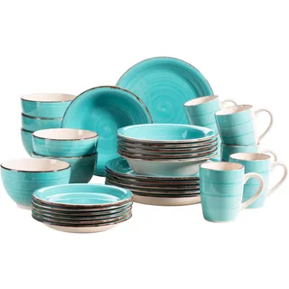 MÄSER 931614 Bel Tempo II 30-teiliges Vintage Geschirr Set für 6 Personen, handbemaltes Keramik Kombiservice in Türkis, Steingut