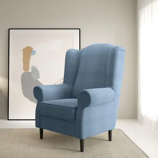 Sessel BAROS Ohrensessel, Armlehnen und ergonomische Rückenlehne, für Wohnzimmer hohe Rückenlehne Bonellfedern, schwarze Holzfüße - Stoff Alfa 83 - Blau