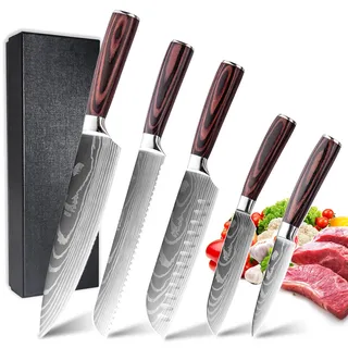 Messerset 5-tlg, Küchenmesser Set aus Hochwertigem Edelstahl, Premium Küchenmesserset Ergonomischem Holzgriff, Scharfe Messer Set und Profi Kochmesser, Allzweckmesser, Küchenmesser-Geschenkbox-Set