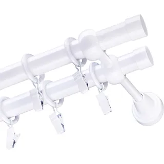 Voppi Gardinenstange Simpla 2-läufig 300 cm 19+19 mm weiß, silent Vorhangringe mit Klammern, moderne Vorhangstange, einfache Wandmontage - Weiß