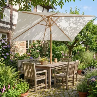 Sekey Rechteckschirm 300x200cm Holzoptik Eckiger Sonnenschirm für Garten Terrasse Hof - Creme