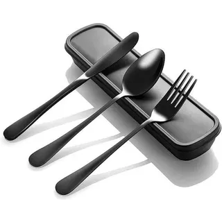 Reise-Set mit Hoes - 4 Stück Edelstahl - Wiederverwendbar - Schwarz - Ideal für Camping, Picknick, Arbeit und Reisen - Enthält Gabel, Löffel, Messer und Lunchbox - Waschmaschinenfest