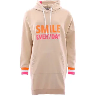 Sweatkleid ZWILLINGSHERZ, Damen, Gr. SM (S/M), N-Gr, beige, Sweatware, Obermaterial: 50% Baumwolle, 50% Polyester, unifarben, normal hüftbedeckend, V-Ausschnitt, angesetztes Bündchen, Kleider Sweatkleid, mit Kapuze, Fronstickerei, Kängurutasche, Neonprint, Regular Fit