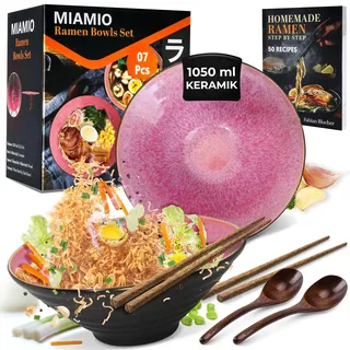 MIAMIO - Ramen Schüssel Set - 2 x traditionelle japanische Ramen Bowl Schüssel groß aus Keramik (1050 ml) - inkl. 2 Holz Löffel 2 Paare Essstäbchen aus Holz und 1 Rezeptbuch. (Rot)