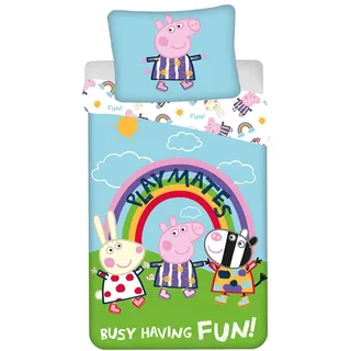 Peppa Pig Playmates Kinderbettwäsche 140x200 + Kissenbezug 70x90 Phospho | Wendebettwäsche Einzelbett | Naturbaumwolle atmungsaktiv Oeko-Tex | Leuchtet im Dunkeln | Hasbro Lizenz | Geschenk