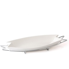 EVVIVA COMPANY SRL Lunchbox aus Porzellan mit Ständer aus Stahl, Farbe Silber. Maße des Tellers 40 x 18 cm, ovale Form, praktisch und elegant, ideal für Ihren Tisch.