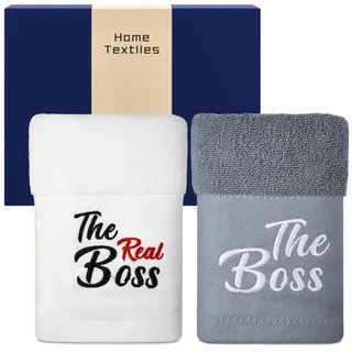 Otuuz Pärchen Geschenk Handtuch Set 2 Stück 35x70 cm The Boss und The Real Boss Baumwolle Bestickt, Jahrestag Geschenk Paar Hochzeitsgeschenke Brautpaar Valentinstag Muttertag Vatertag Weiß Grau