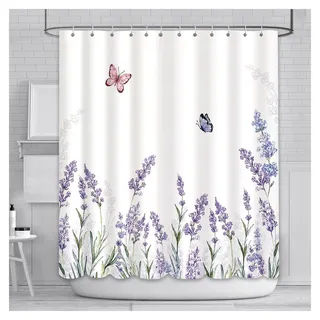 Lavendel-Duschvorhang 180 x 180 cm, lila Blumen-Schmetterlings-Badevorhang für Badezimmer, langlebiges, wasserdichtes Polyestermaterial mit 12 Haken - Lila