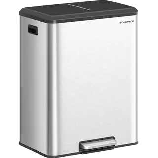 SONGMICS Mülleimer Küche, Mülltrennsystem 2 x 30 L, 2 Fächer für Recycling und Restmüll, Abfalleimer, Inneneimer, Edelstahl, Softclose-Deckel, breites robustes Pedal, metallicsilber LTB556E01