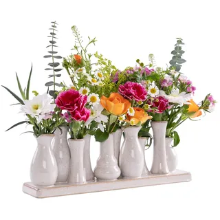 H&D Manufaktur Jinfa Keramikvasen Set – 10 kleine Vasen auf Sockel – Antik-Weiß – Handgefertigte Mini Vasen – Boho & Nordic Tischdeko – Geschenkidee