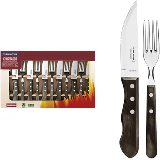 Tramontina Jumbo Steakbesteck,12 teiliges Set, rostfreier Edelstahl, Holzgriff FSC, spülmaschinenfest, für 6 Personen, scharfer Wellenschliff