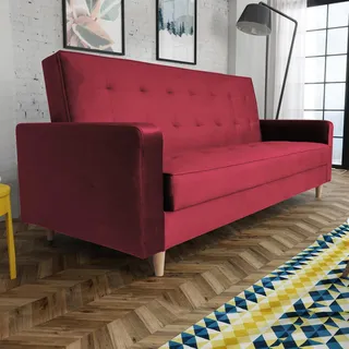 Schlafsofa im skandinavisches Stil Bamako Polstersofa mit Holzbeine Sofa mit Schlaffunktion Bettkasten Couch aus Velour, Farbe: Kastanienrot, Kronos 02 - Rot