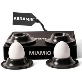 MIAMIO - Eierbecher 4er Set Keramik, Steingut Eierbecher mit Ablage, Restaurantqualität - Spülmaschinenfest (Schwarz)