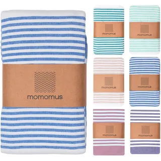 MOMOMUS Fouta XXL oder Picknickdecke XXL für den Strand - Mit Fransen, Gestreift und Leicht - Große Stranddecke, Sandfreie Strandmatte und Faltbare Campingdecke - Blau, 210x240 cm