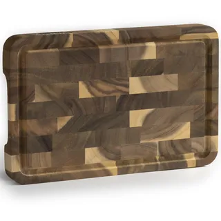 NAMTURE Holzbrett Küche – Schneidebrett Holz M 28×18×2,5 cm, Stirnholz aus Akazienholz, mit hochwertiger Öl-Oberfläche, Saftrille & Anti-Rutsch-Füßen